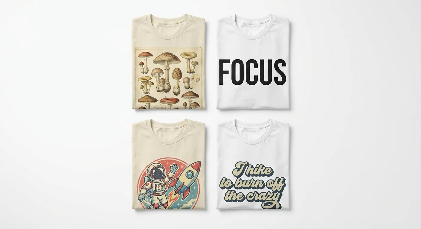 Four folded T-shirts with different printed designs